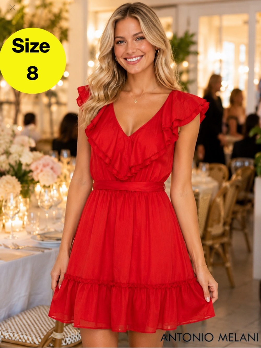 2/for $20 🪩 ANTONIO MELANI Crimson Ruffle V-Neck Mini Dress (Women’s Size 8)